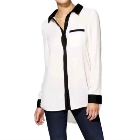 Free People Long Sleeve Button Up Blouse - White with Black Trim - Size Small - Picture 1 of 12